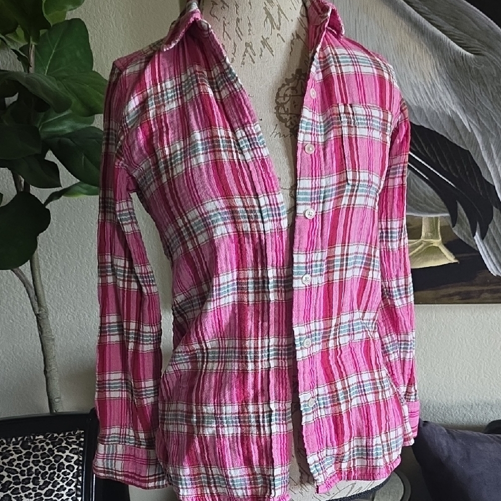 J. Crew Pink and White Plaid Button Down Long Sleeve Top